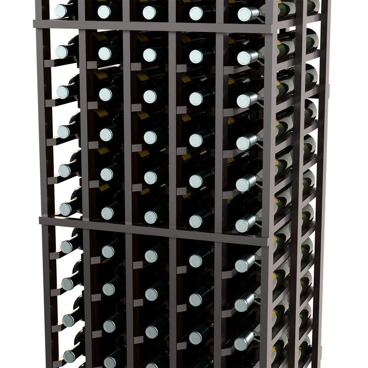 Black wine rack close-up of bottle slots with wine bottles in each compartment.