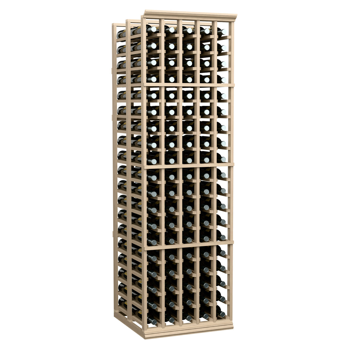 Double-deep wine bottle storage rack with front and back rows, dark wood frame