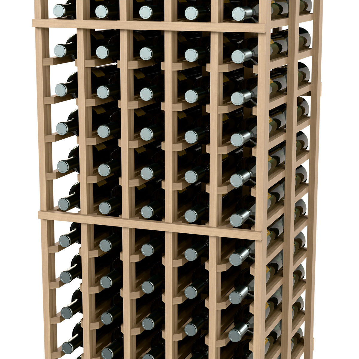 Double-deep wine bottle storage rack close-up, light wood frame with bottle slots