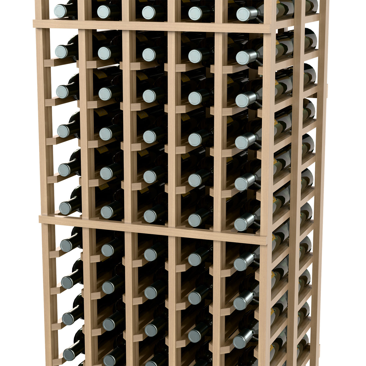 Double-deep wine bottle storage rack close-up, light wood frame with bottle slots
