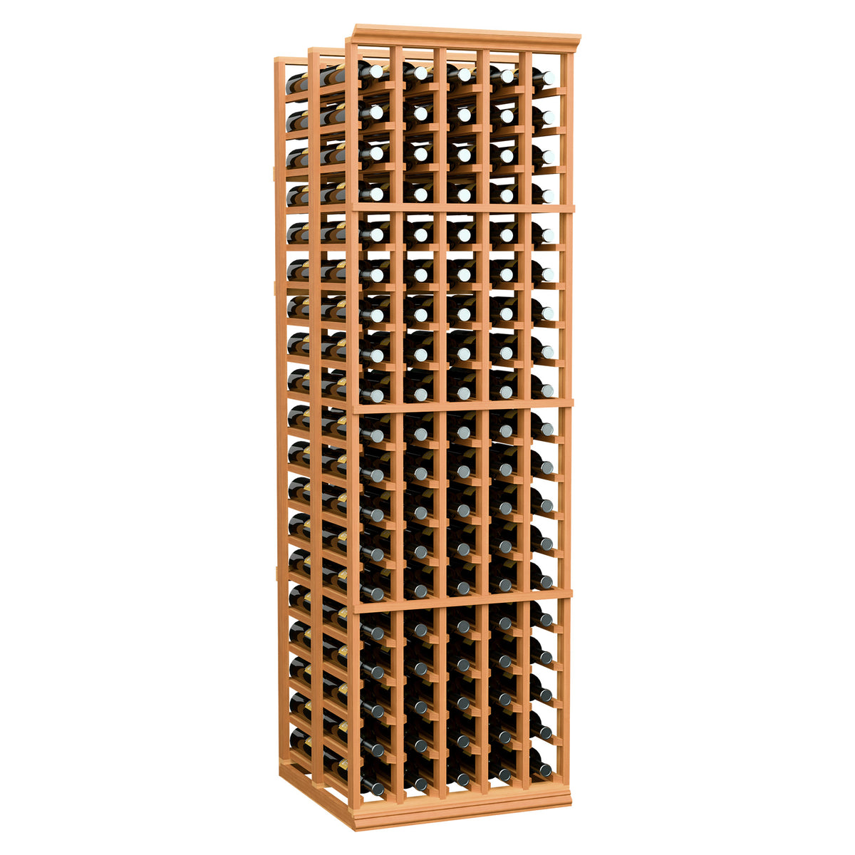 Double-deep wine bottle storage rack with front and back rows, warm light wood frame