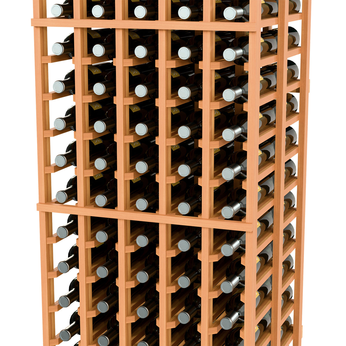 Double-deep wine bottle storage rack close-up, warm light wood frame with bottle slots