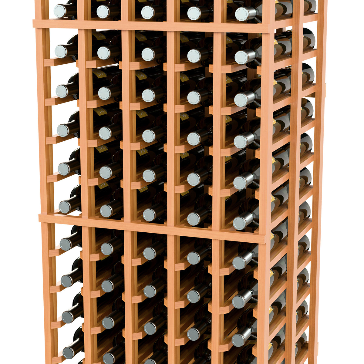 Double-deep wine bottle storage rack close-up, warm light wood frame with bottle slots