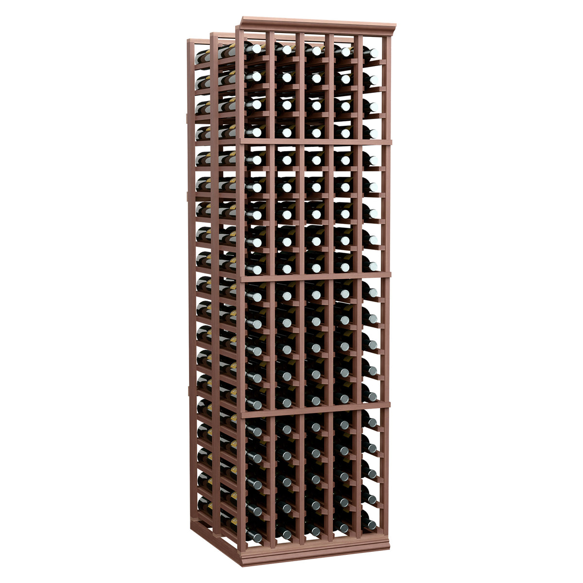 Double-deep wine bottle storage rack with front and back rows, dark wood frame