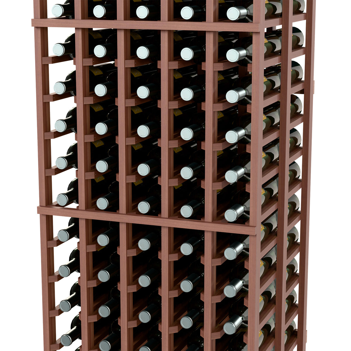 Double-deep wine bottle storage rack close-up, medium-dark wood frame with bottle slots