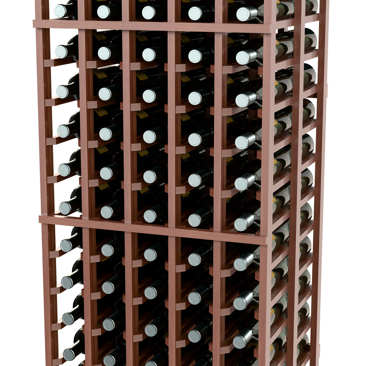 Double-deep wood wine bottle rack with front bottles and side bottle slots in grid