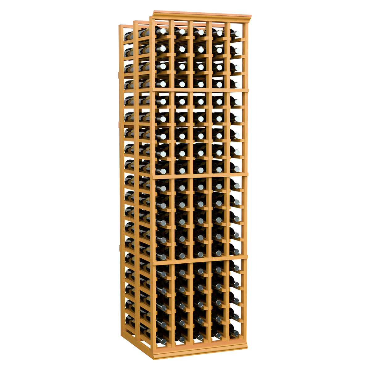 Light wood wine bottle rack with bottles displayed in a 5-column double-deep frame