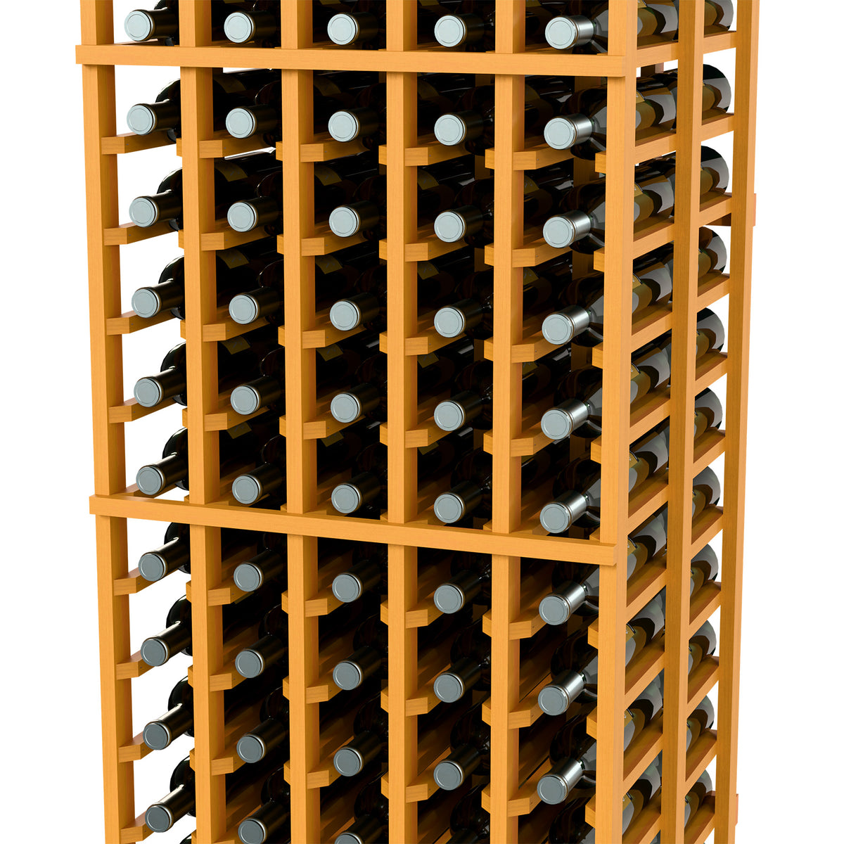 Amber-toned wood wine bottle rack with front and side bottle compartments
