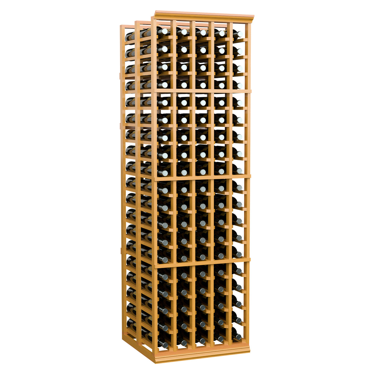 Natural wood wine bottle rack with double-deep bottle storage in a 5-column frame