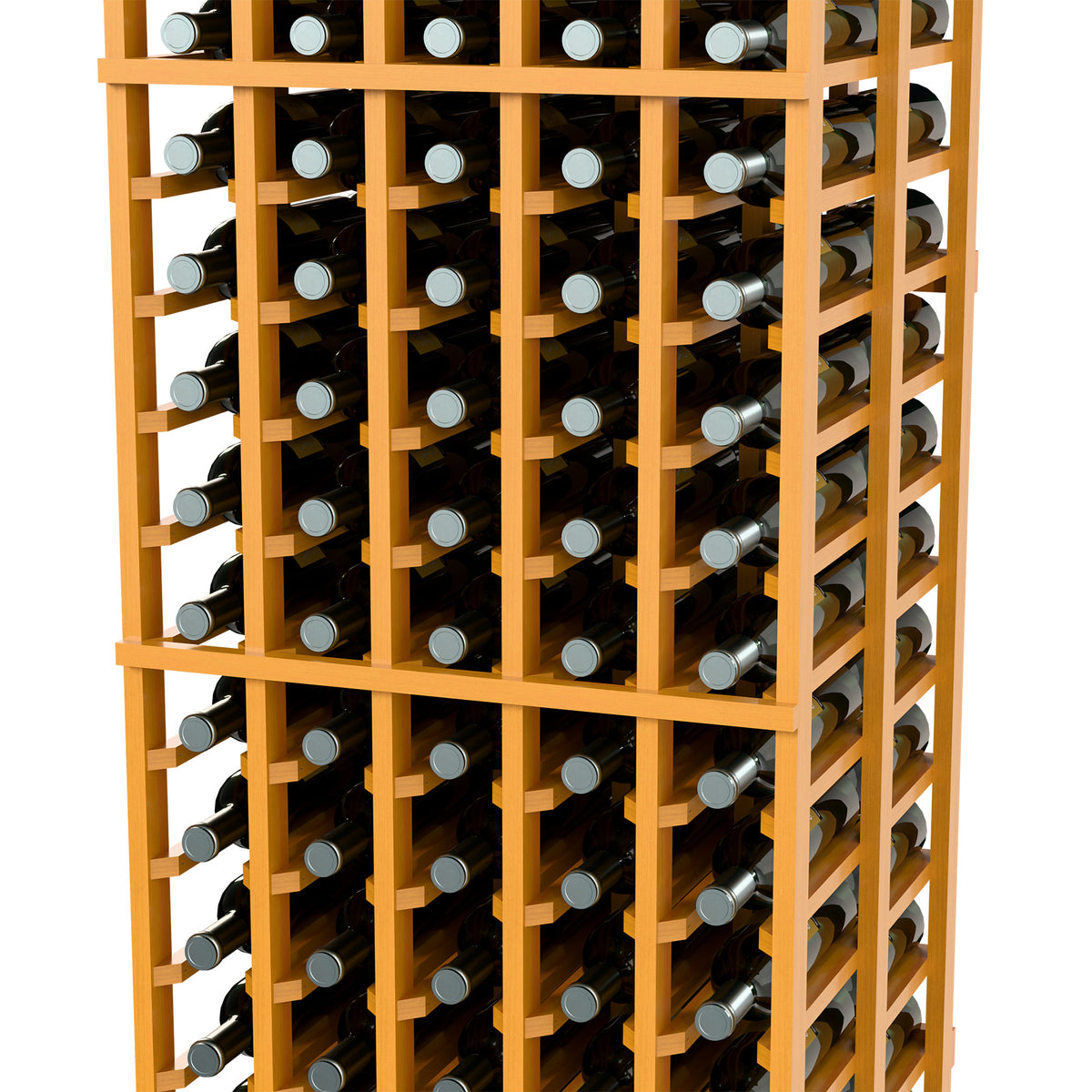 Orange wood wine bottle rack with stacked front bottles and side row openings