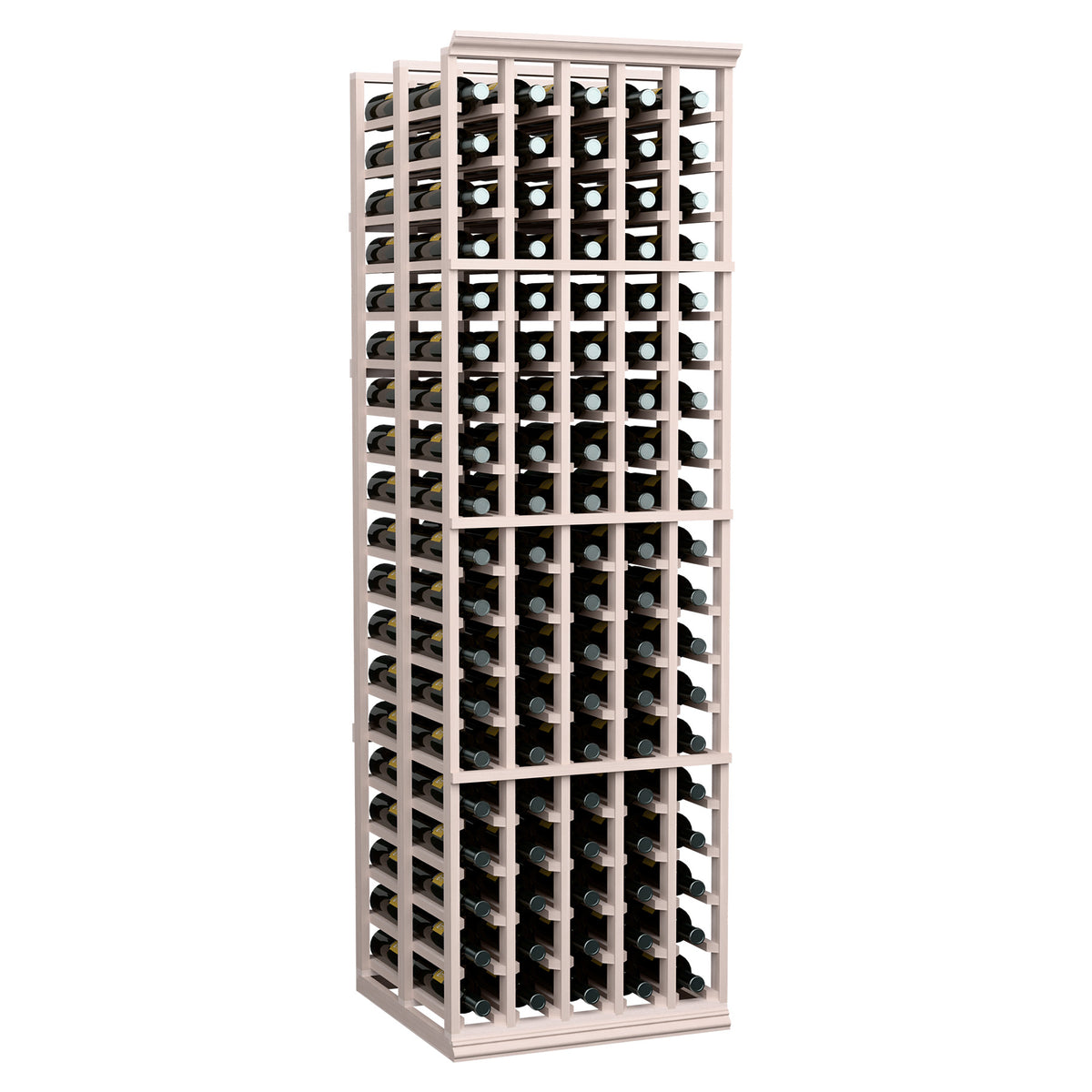 Gray-toned wood wine bottle rack with front and side bottle rows in grid