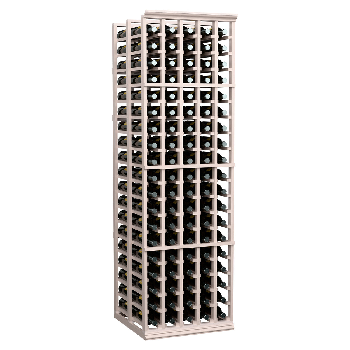 Smoky gray wood wine bottle rack with double-deep bottle storage in 5-column grid