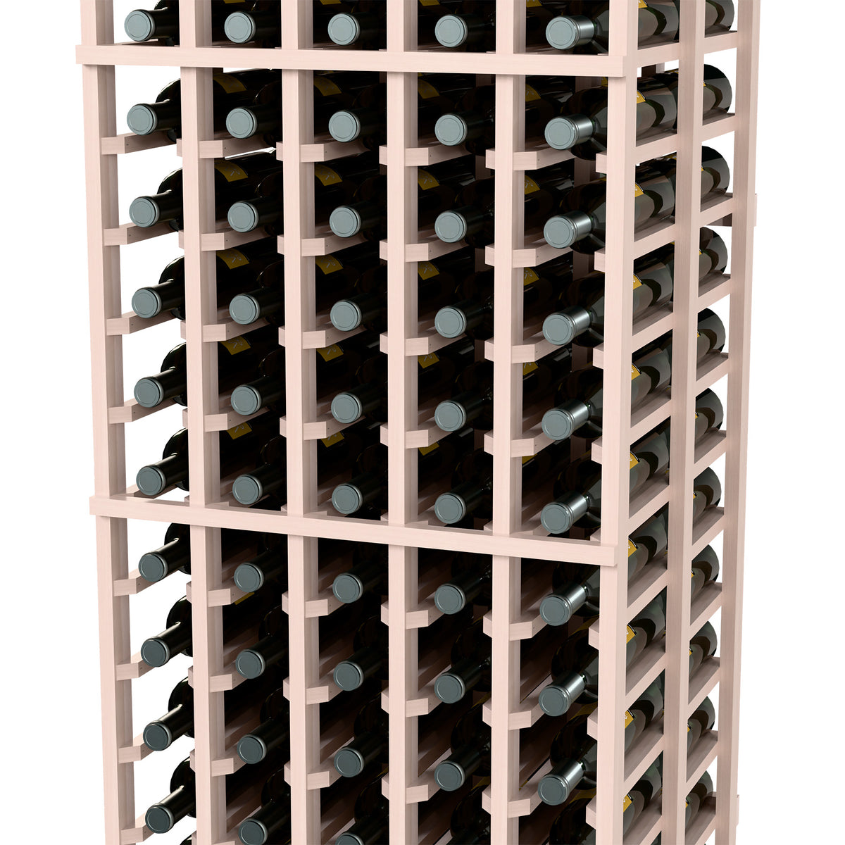 White wine bottle rack with front and side rows of bottles in a double-deep grid