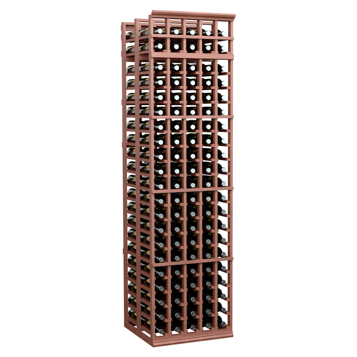 5-column double-deep wine storage rack, reddish wood frame with clear wine bottles