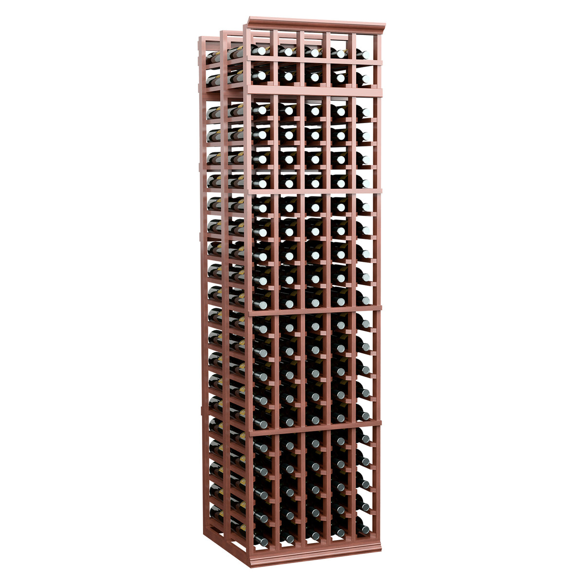 5-column double-deep wine storage rack, warm brown wood frame with clear wine bottles