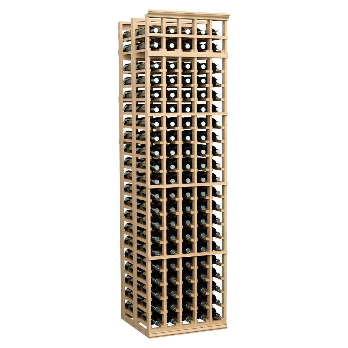 5-column double-deep wine storage rack, light wood frame with clear wine bottles