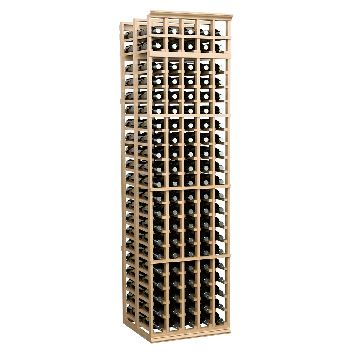 5-column double-deep wine storage rack, pale wood frame with clear wine bottles