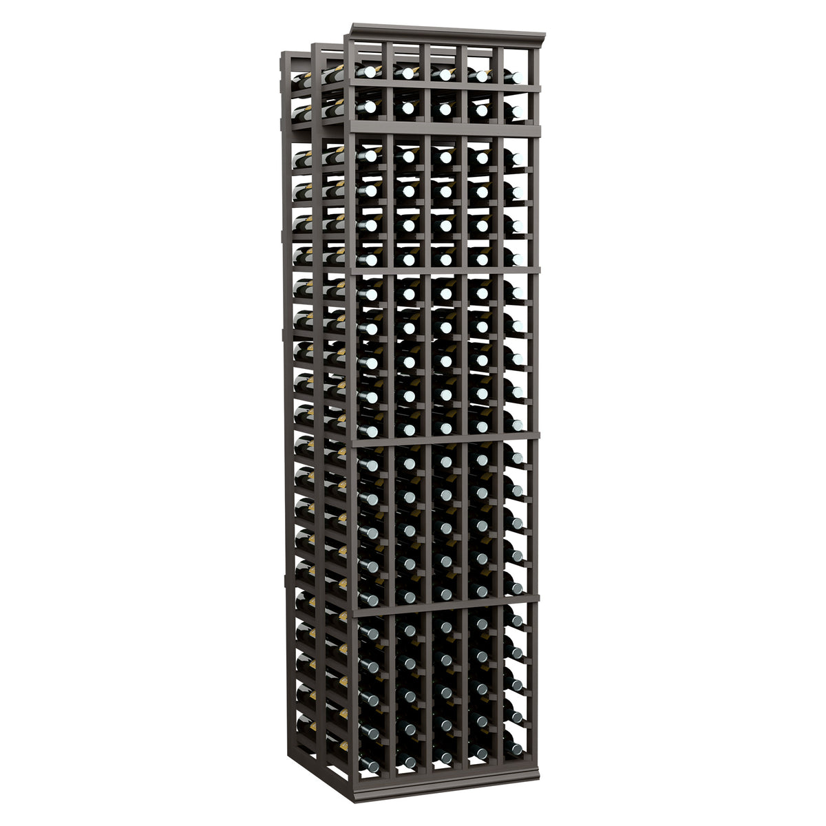 Wine storage rack with dark gray grid and bottle compartments filled with bottles