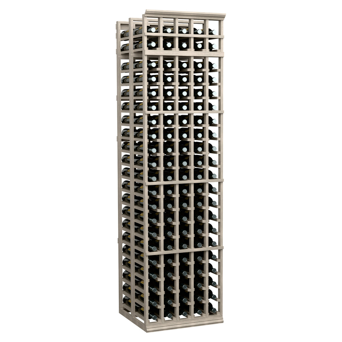 Wine bottle storage rack with 5 columns and double-deep slots, light grey wood frame
