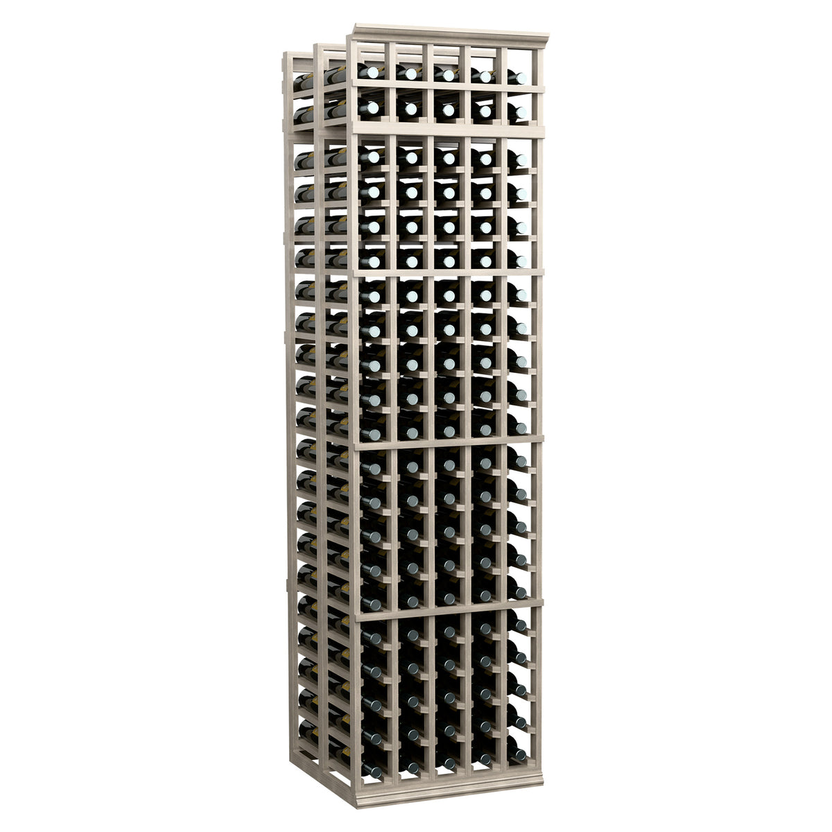 Wine bottle storage rack with 5 columns and double-deep slots, light grey wood frame