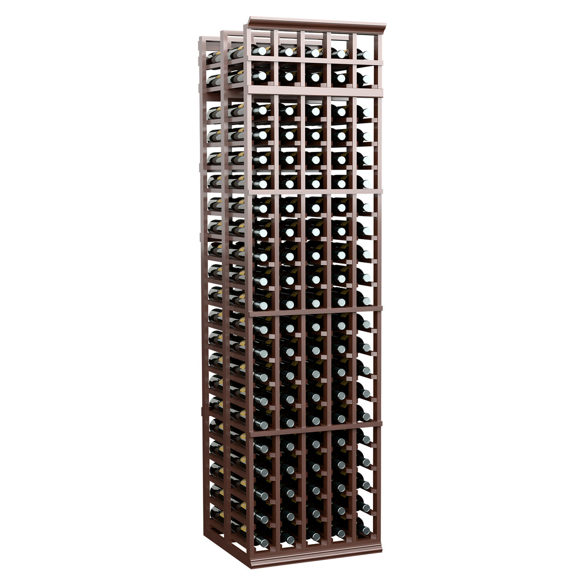 Wine bottle storage rack with 5 columns and double-deep slots, dark brown wood frame