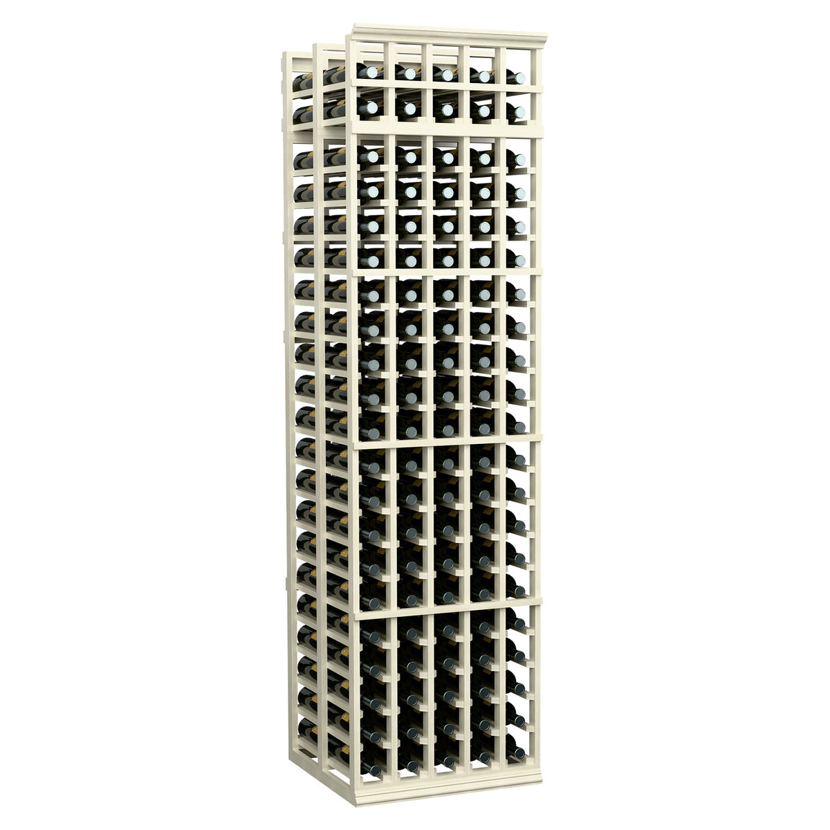 Wine bottle storage rack with 5 columns and double-deep slots, pale white wood frame