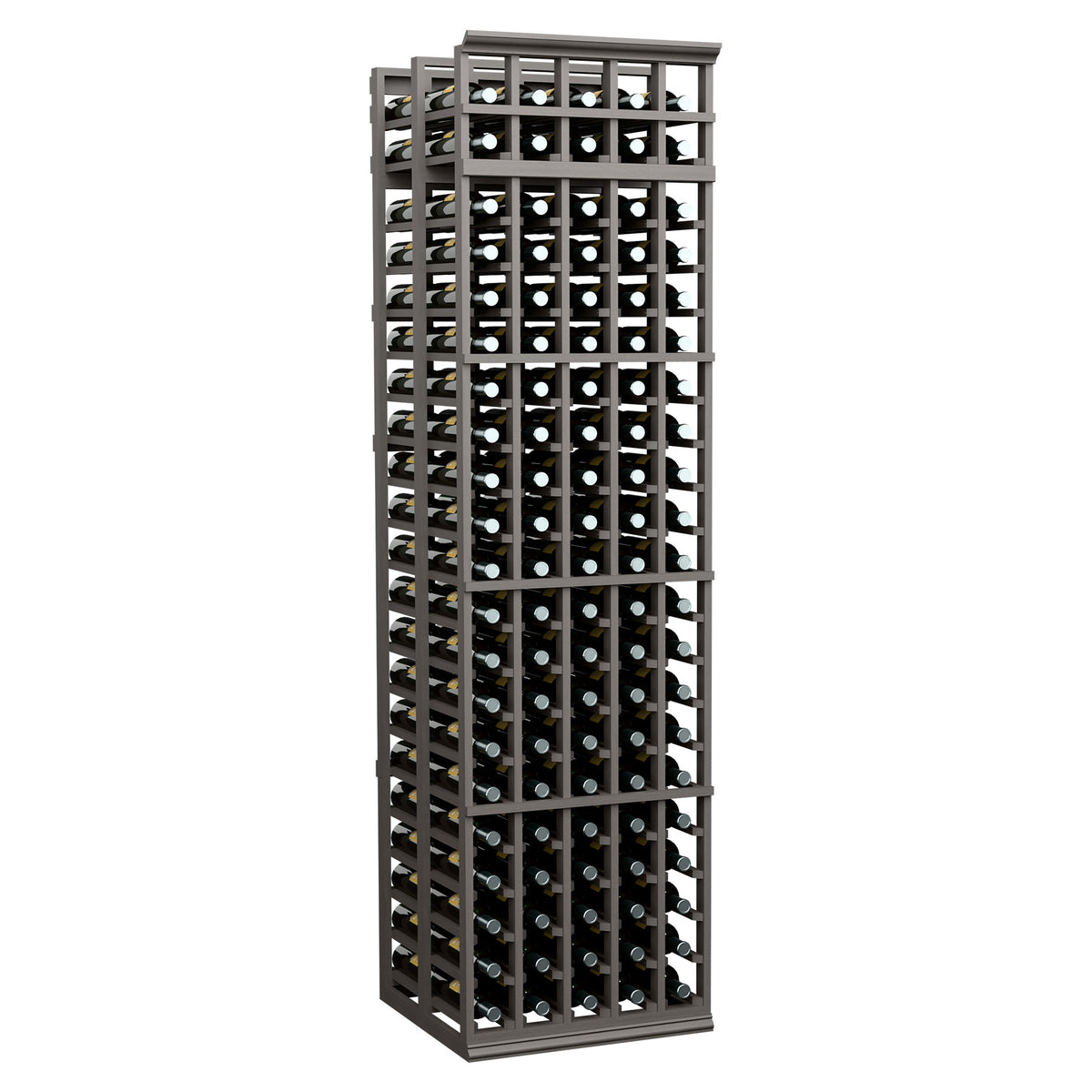 Wine bottle storage rack, dark gray/black frame with 5 columns, holds many bottles