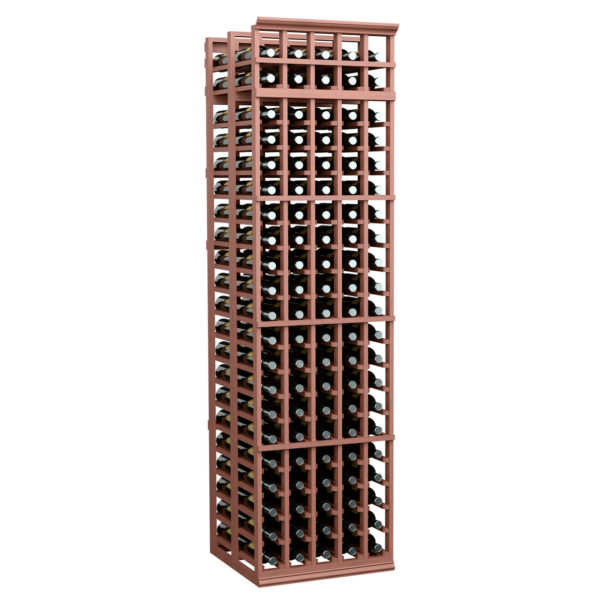 Wine bottle storage rack, reddish brown frame with 5 columns, holds many bottles