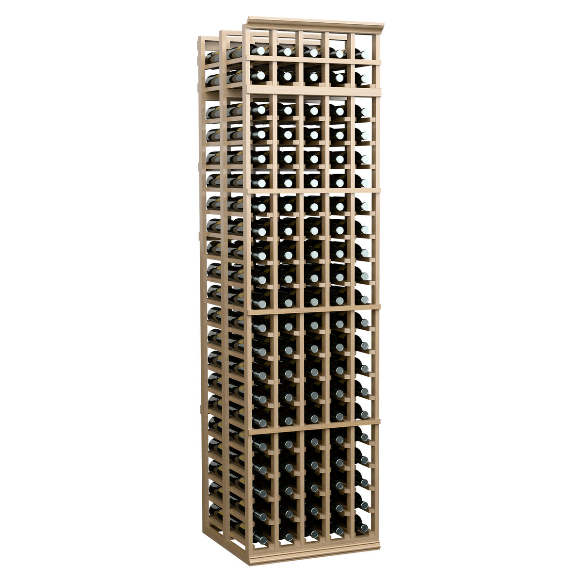 Wine bottle storage rack, pale tan frame with 5 columns, holds many bottles