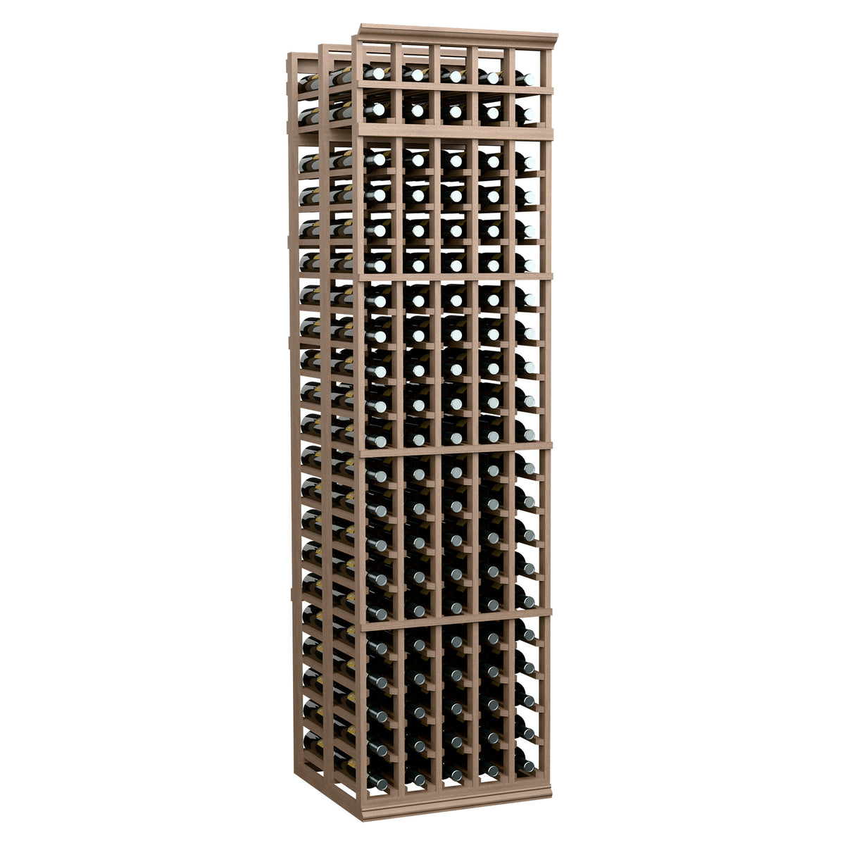 Wine bottle storage rack, medium tan frame with 5 columns, holds many bottles