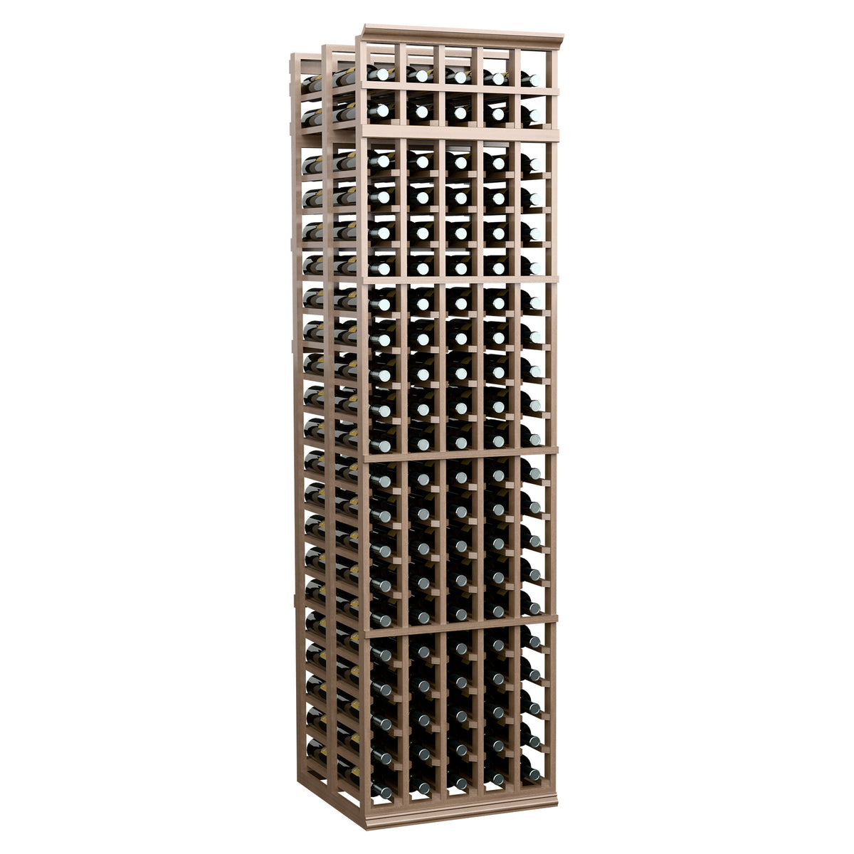 Wine bottle storage rack, light brown frame with 5 columns, holds many bottles