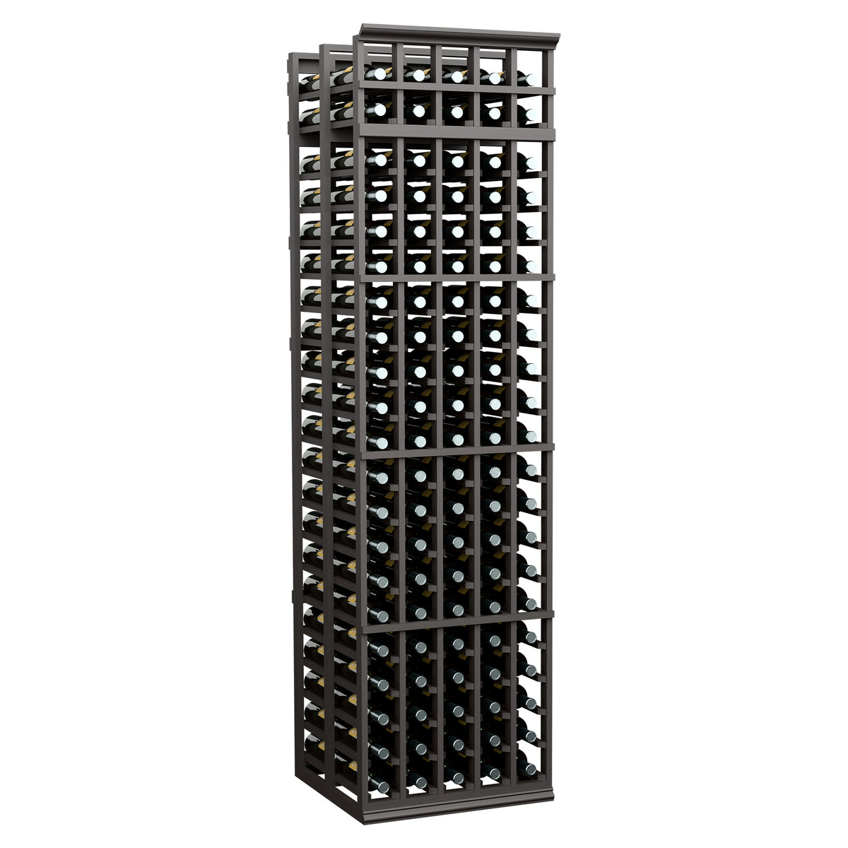 Wine bottle storage rack, dark charcoal frame with 5 columns, holds many bottles
