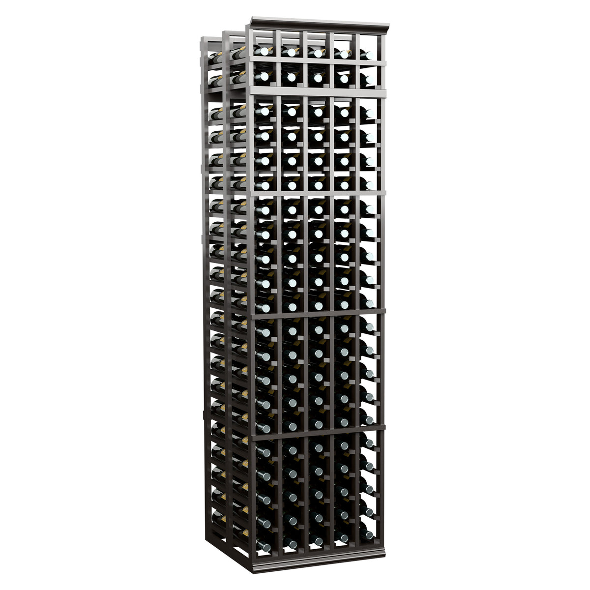 Wine bottle storage rack, light gray frame with 5 columns, holds many bottles