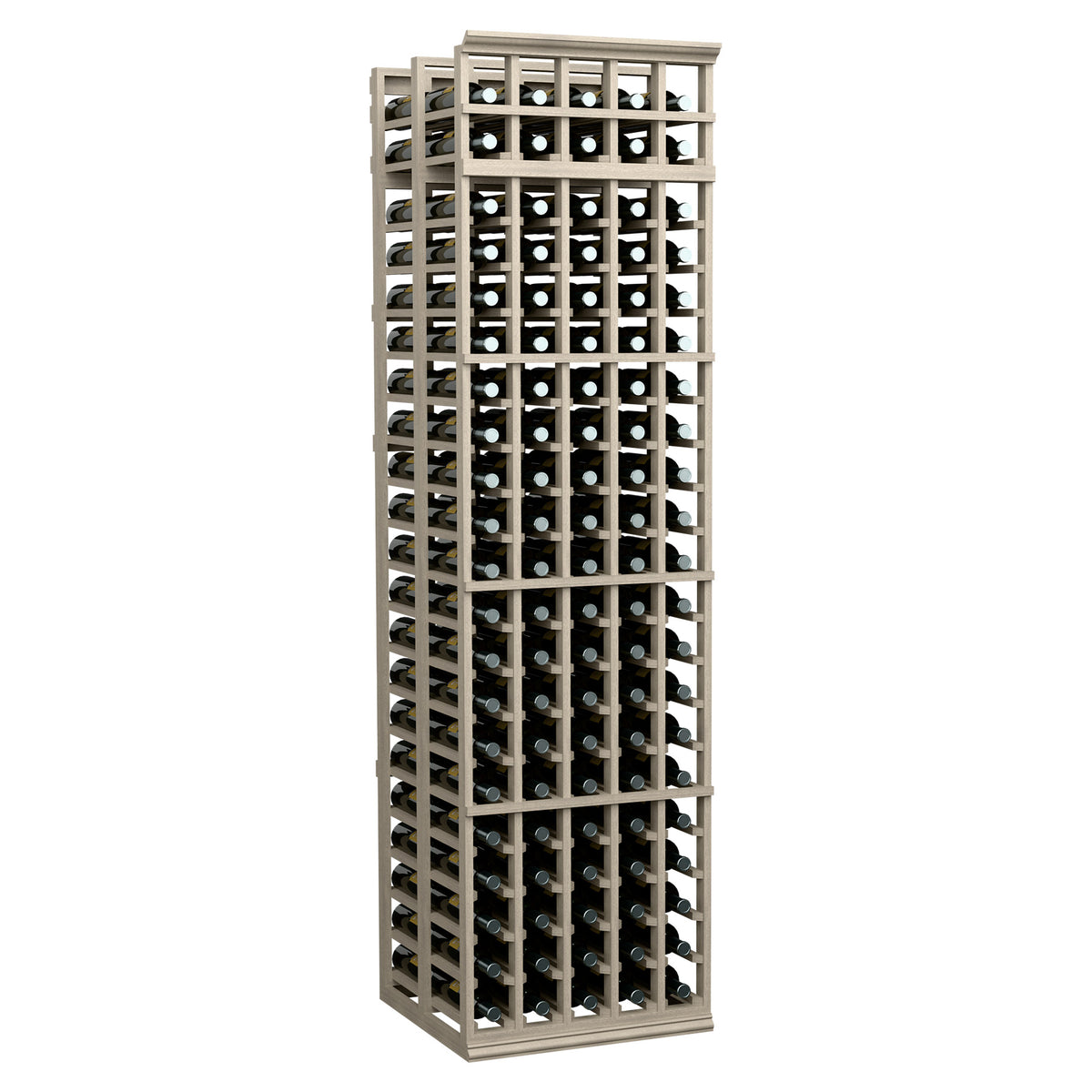 Double-deep wine rack with 5 columns, front-loading grid, light gray wood frame