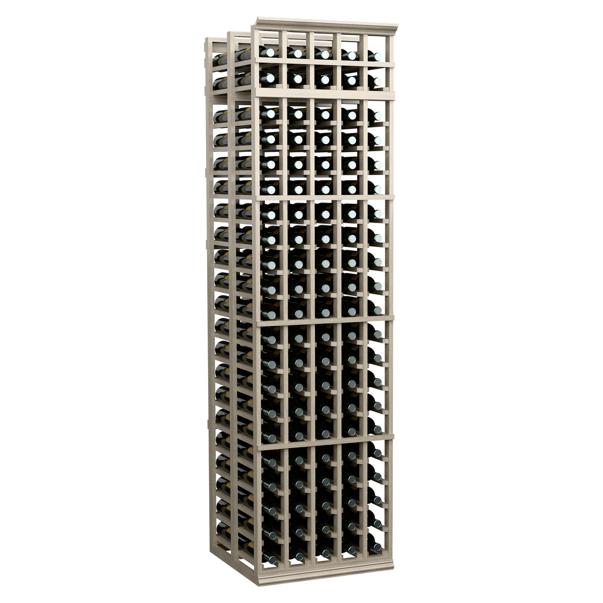 Double-deep wine rack with 5 columns, front-loading bottle slots, light gray wood frame