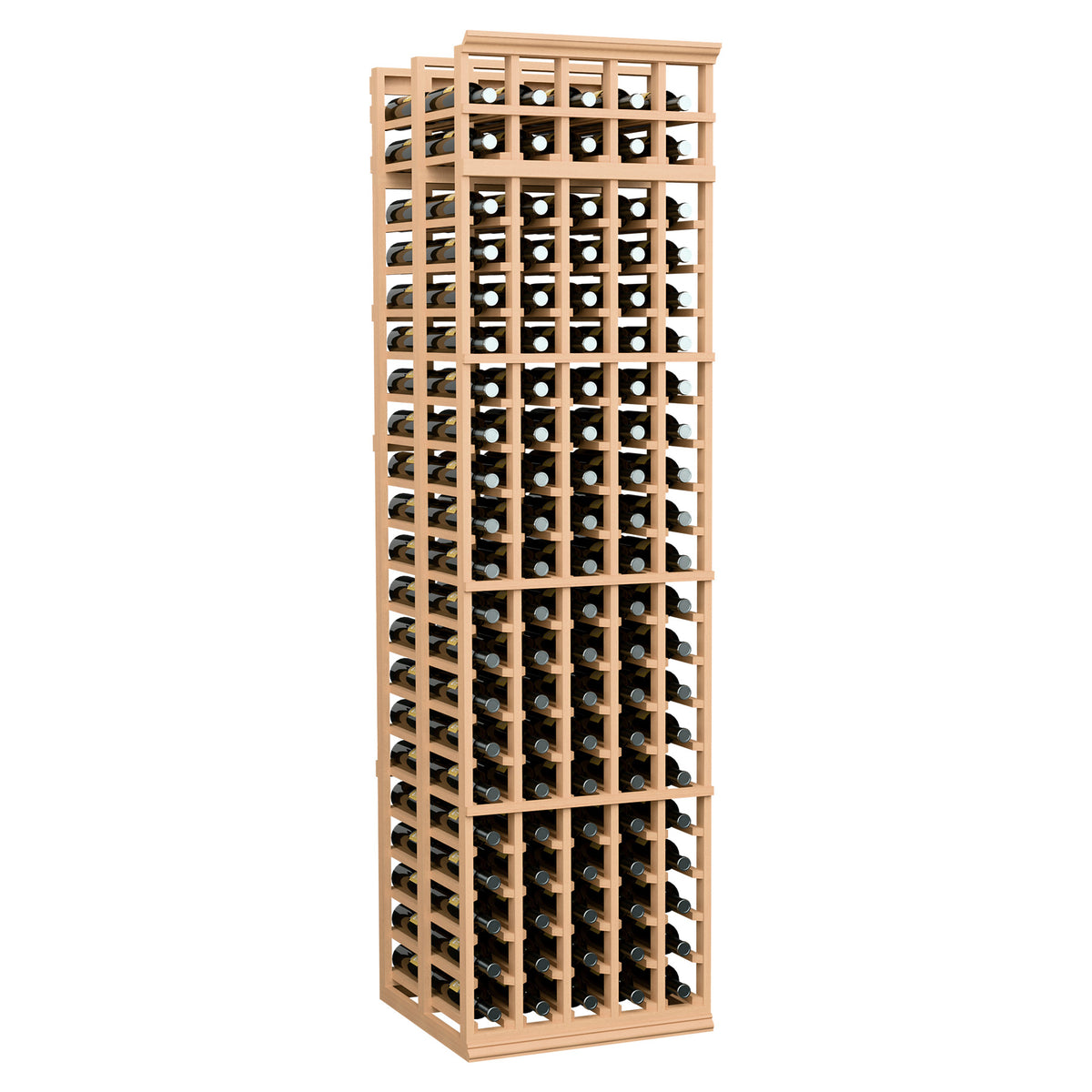 Double-deep wine rack with 5 columns, front-loading bottle slots, natural wood frame