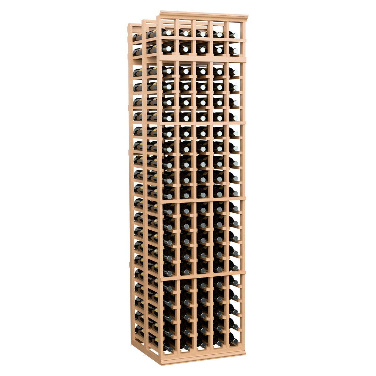 Double-deep wine rack with 5 columns, front-loading grid, natural wood frame
