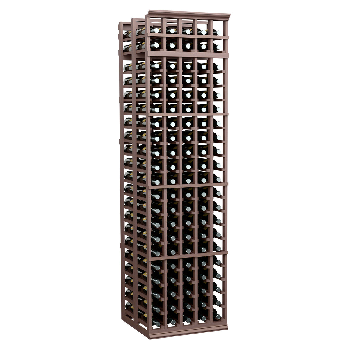 Double-deep wine rack with 5 columns, front-loading bottle slots, dark brown wood frame