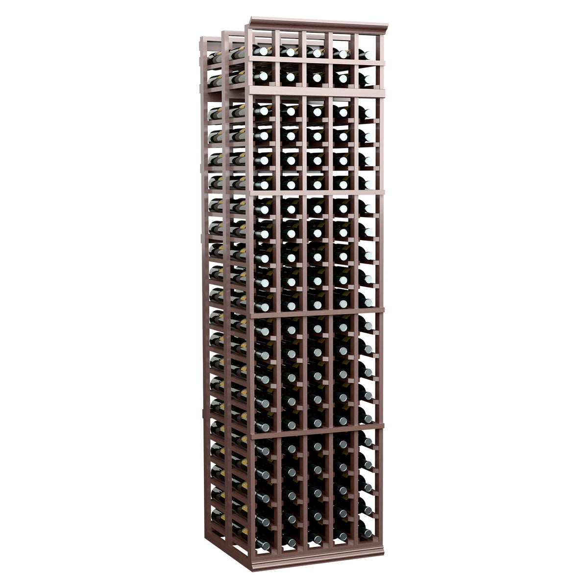 Double-deep wine rack with 5 columns, front-loading grid, dark brown wood frame