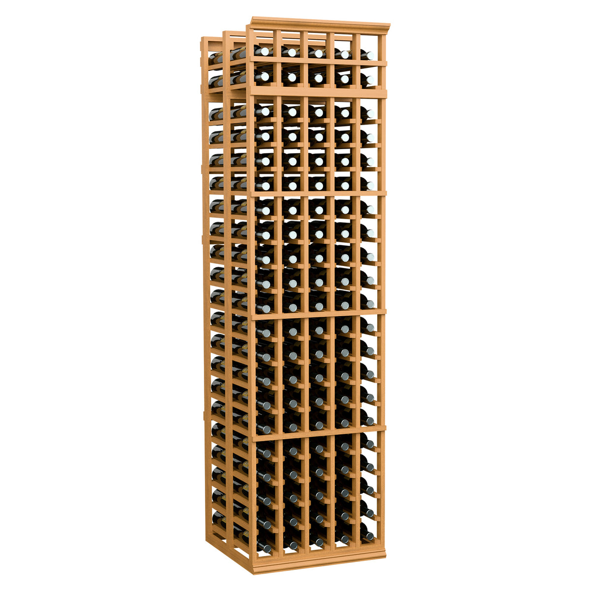 Double-deep wine rack with 5 columns, front-loading bottle slots, warm light wood frame