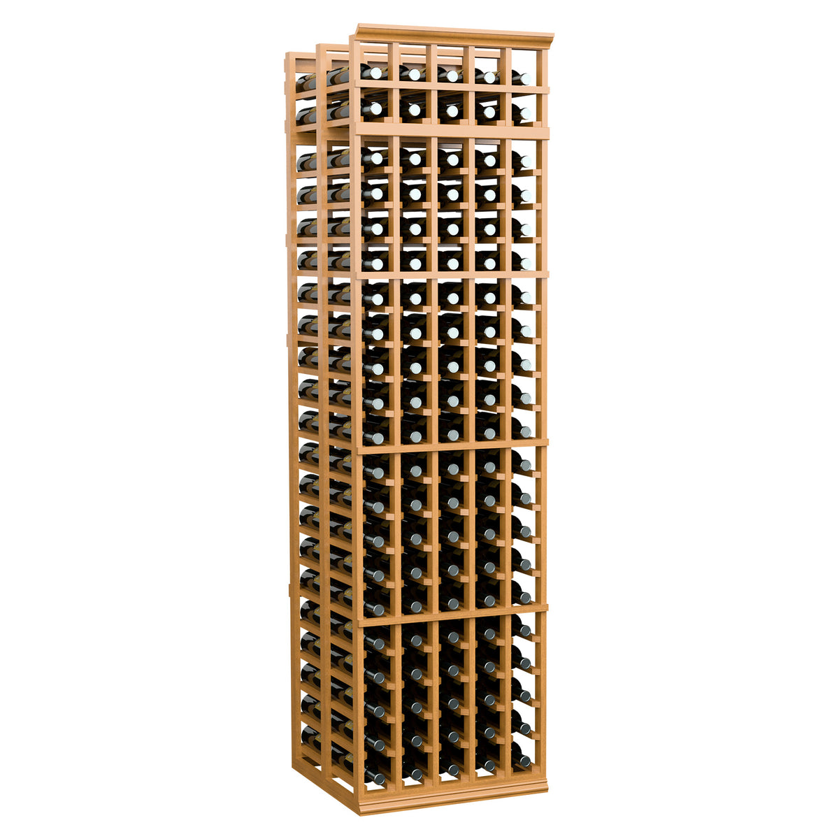 Double-deep wine rack with 5 columns, front-loading grid, warm light wood frame
