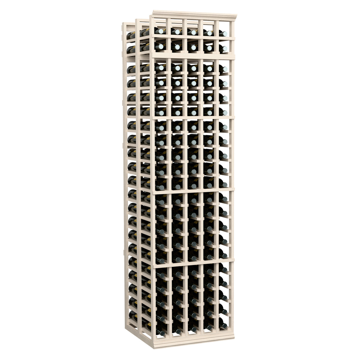 Double-deep wine rack with 5 columns, front-loading bottle slots, whitewashed wood frame