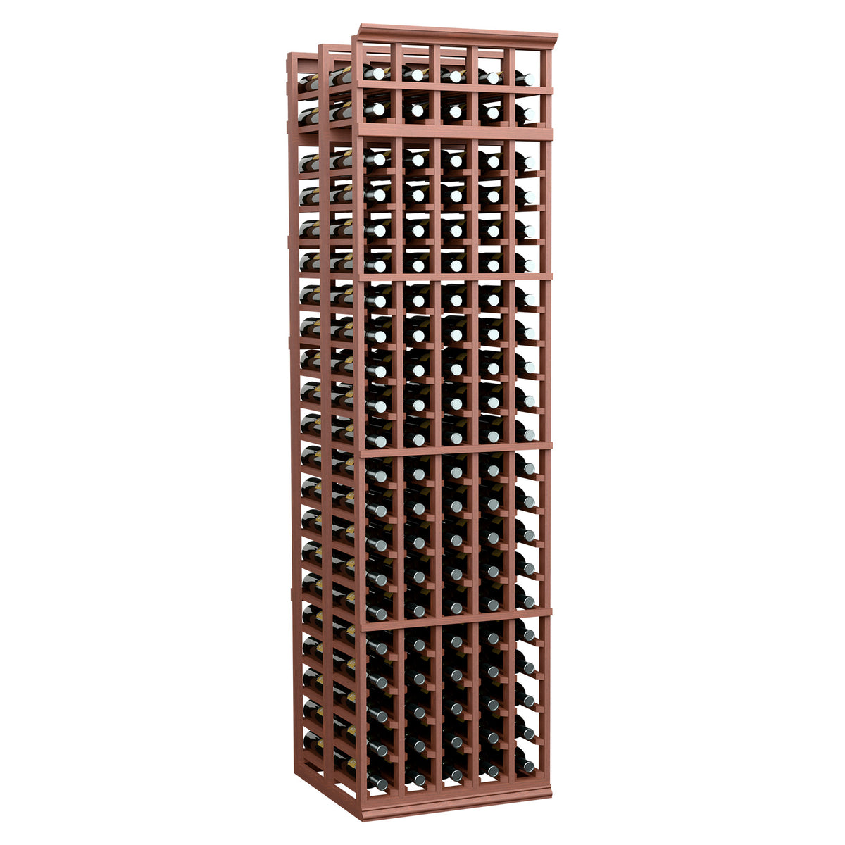 5 column double deep wine rack with warm wood frame and stacked bottle slots