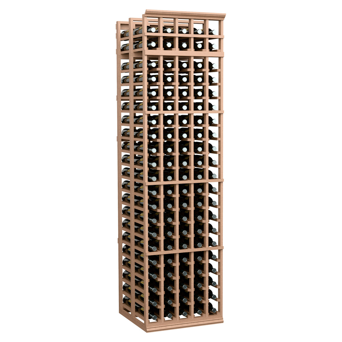 5 column double deep wine rack with light wood frame and stacked bottle slots