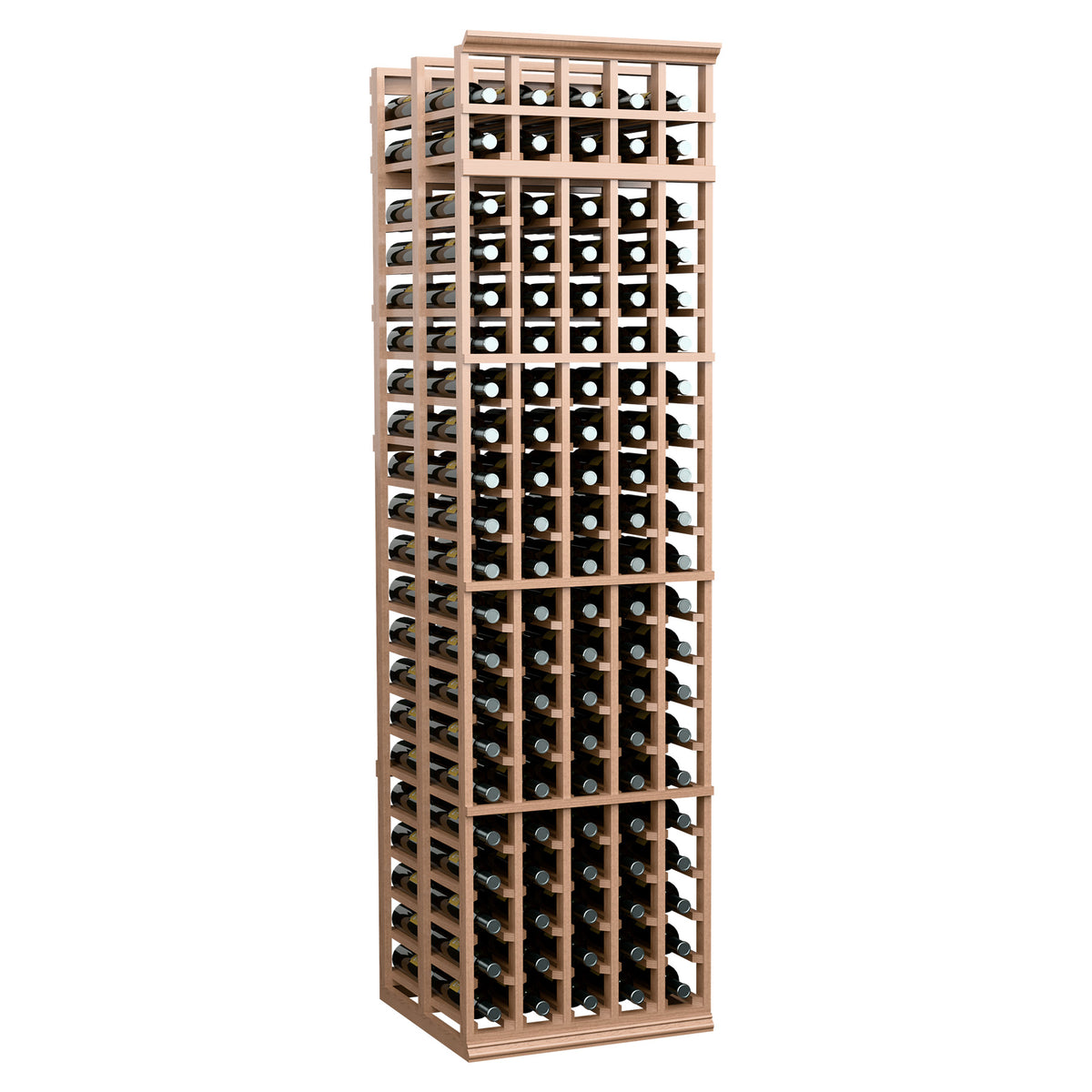5 column double deep wine rack with pale wood frame and stacked bottle slots