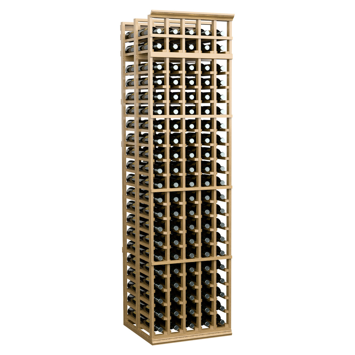 5 column double deep wine rack with light honey wood frame and stacked bottle slots
