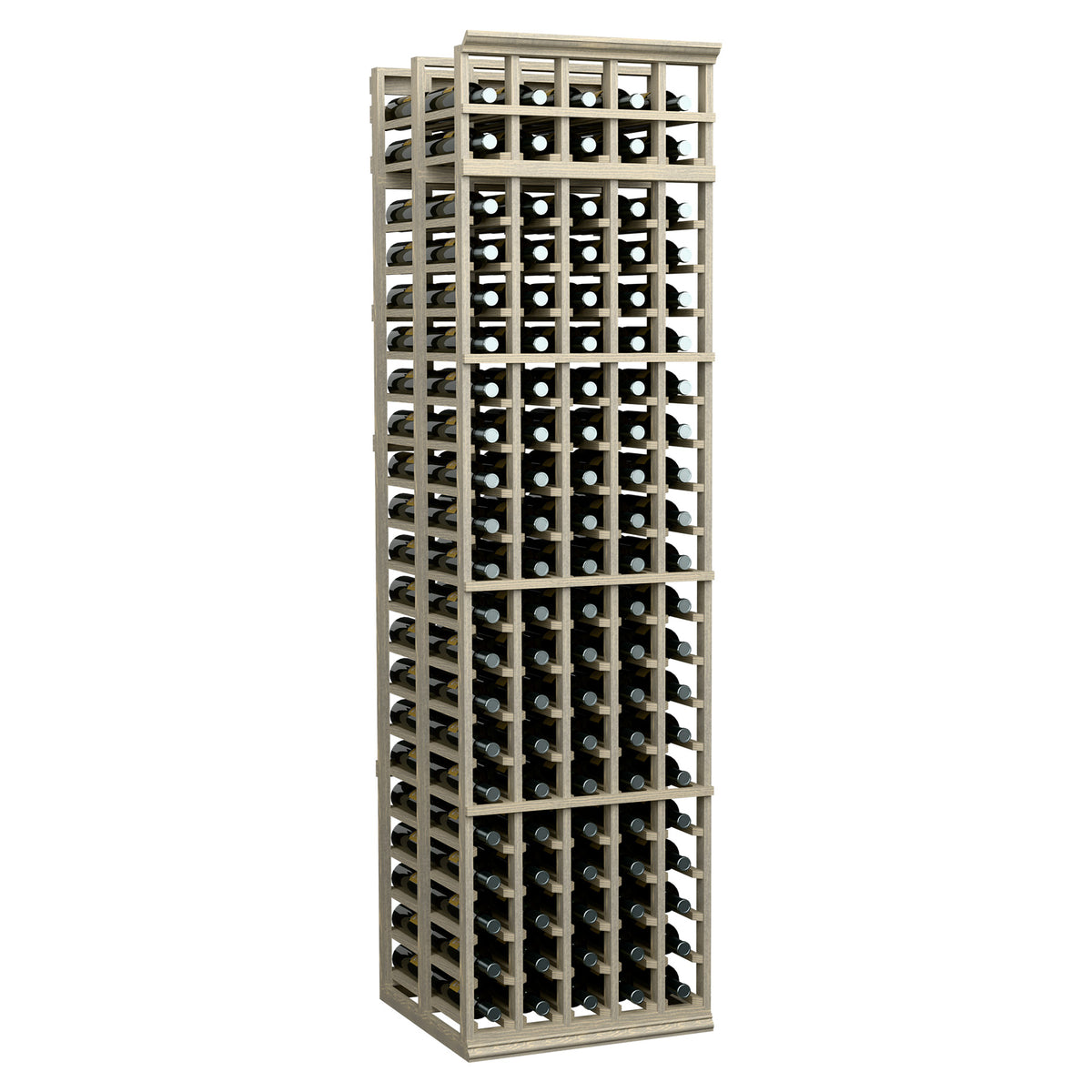 Tall 5-column double-deep wine rack with multiple bottle slots and wooden frame.