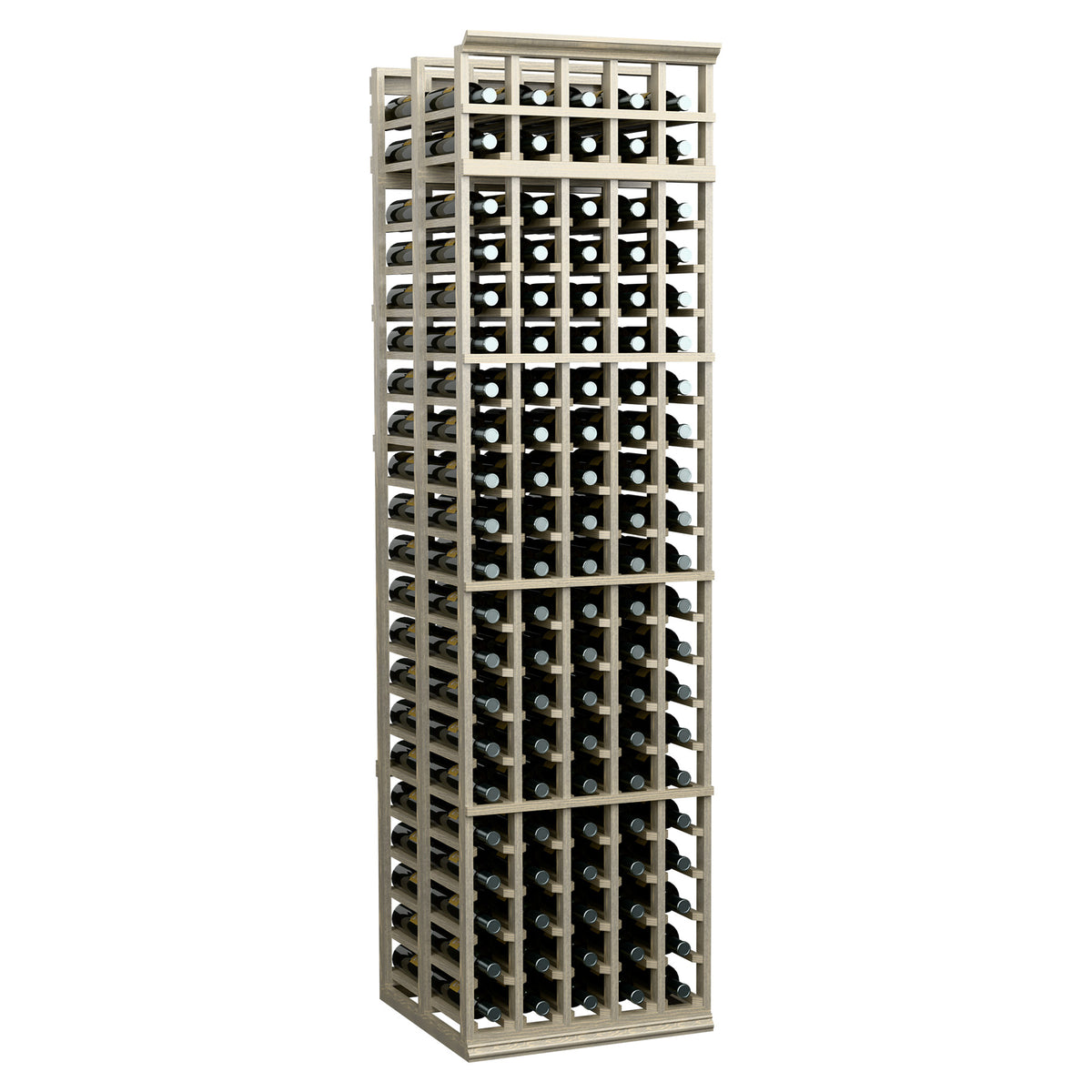 Tall 5-column double-deep wine rack with many bottle openings and wooden frame.