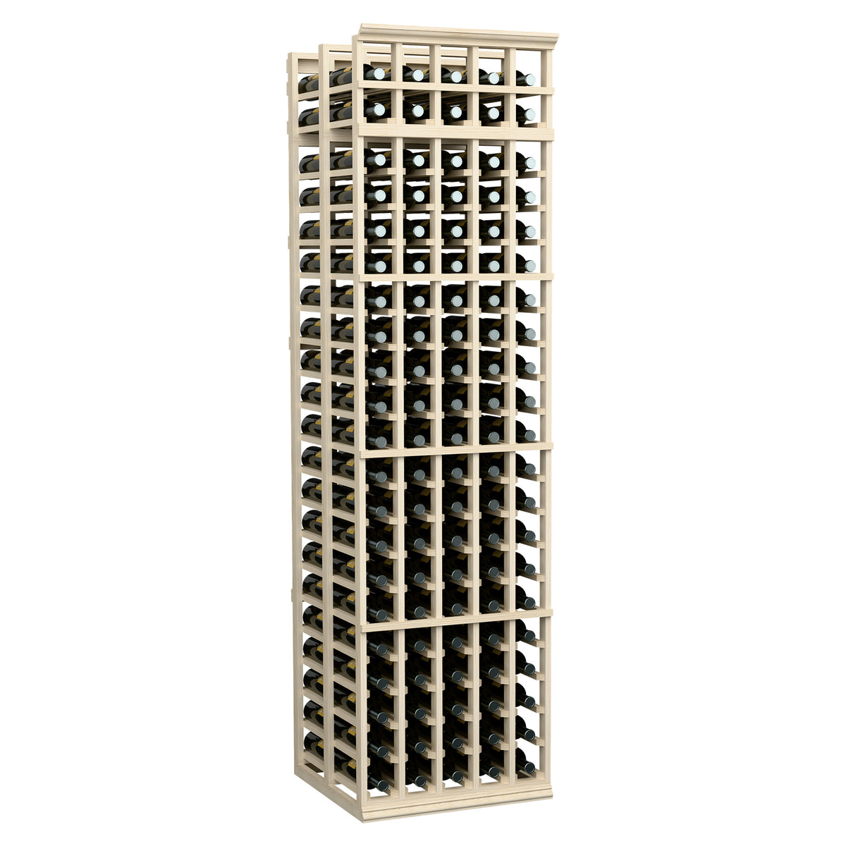 Tall wine bottle rack, 5-column double-deep style, with grid slots and wooden frame.