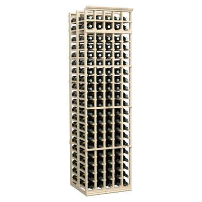 Tall wine bottle rack, 5-column double-deep style, with grid slots and wooden frame.
